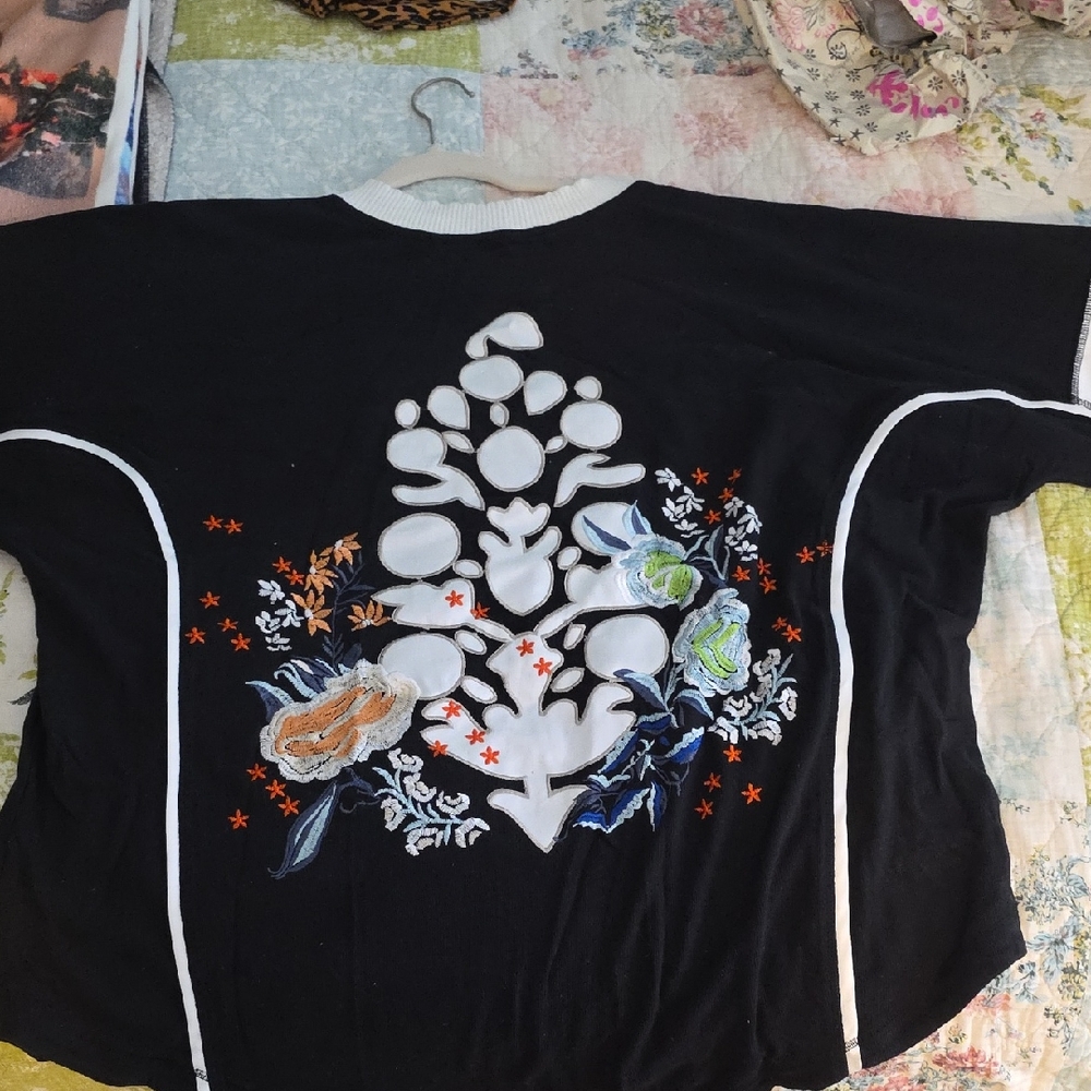 FP Movement by Free People Black V-Neck Sweater with Floral Embroidery